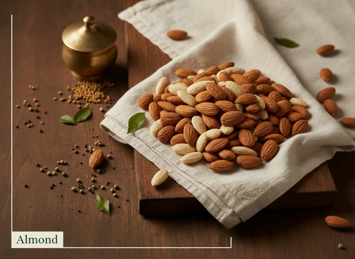 Close-up of whole almonds with brown shells and a few peeled almonds showing creamy white kernels inside.