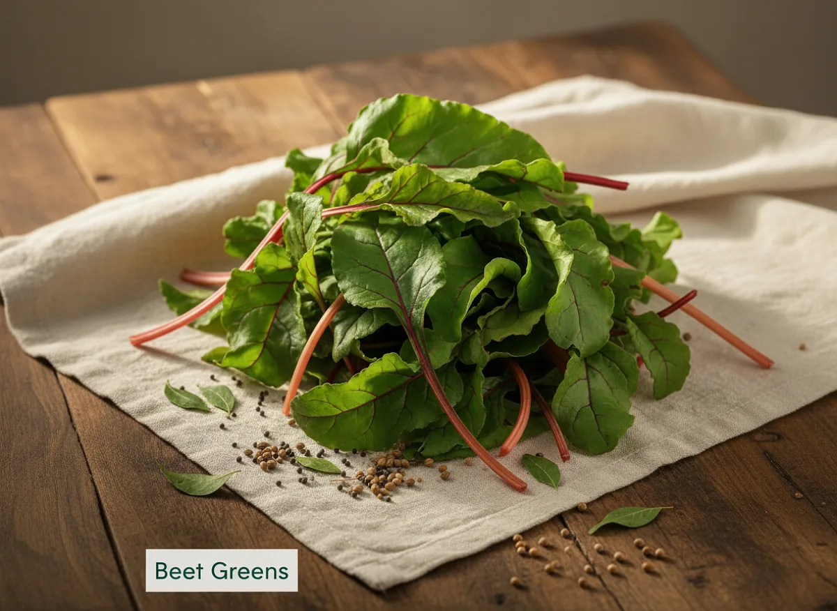 Fresh dark green beet greens with red-purple veins, whole leaves with stems