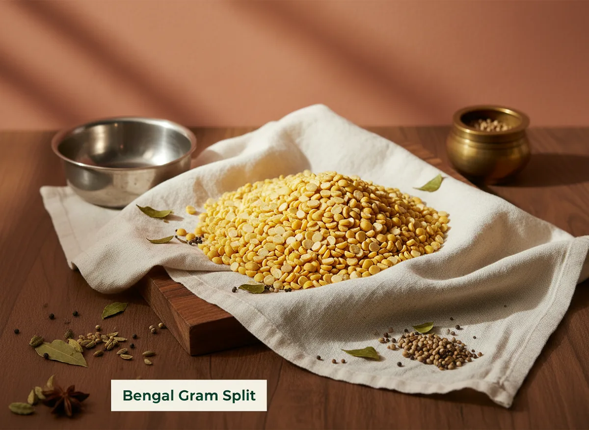 Close-up of dried yellow split Bengal gram (chana daal) showing small round golden-yellow lentils