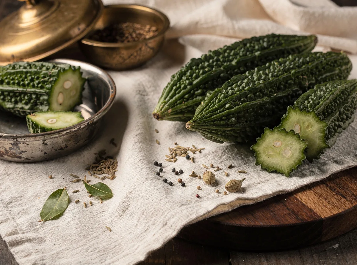 Fresh bitter gourd with ridged green skin and firm texture, whole and sliced pieces.