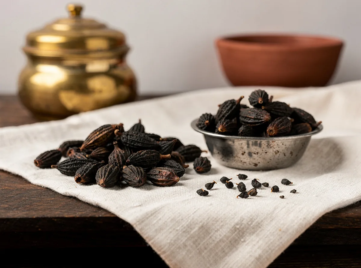 Dried black cardamom pods, dark brown wrinkled exterior, whole spice