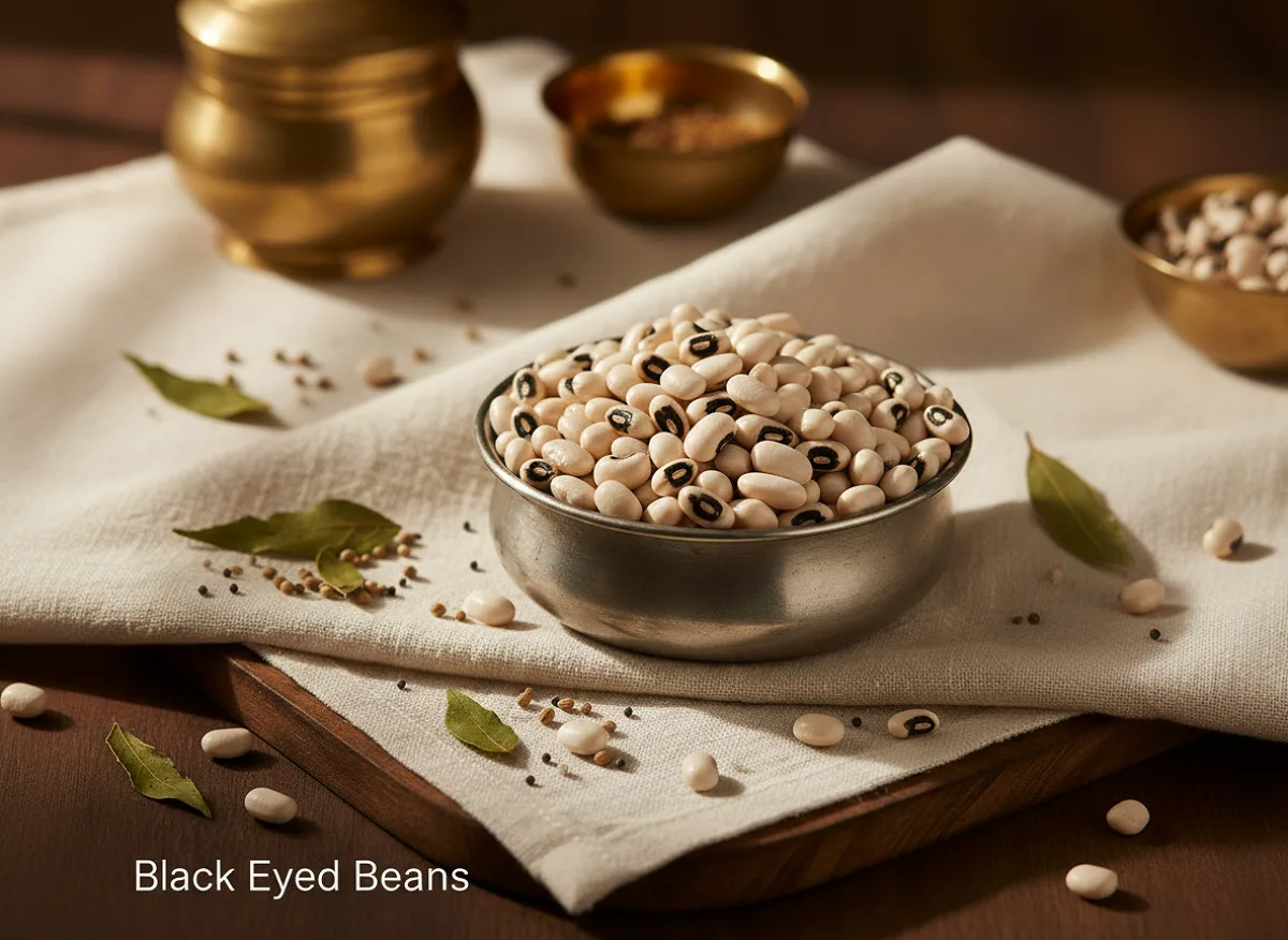Dried black-eyed beans with white skin and distinctive black spot or stripe on each bean.