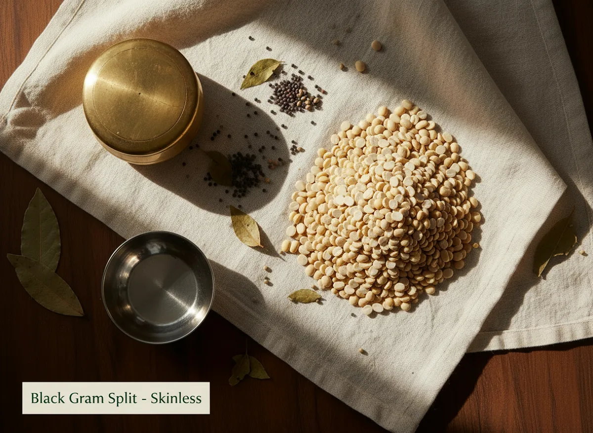 Close-up of white urad dal (skinless black gram) - small, oval, uniform white lentils in a bowl.