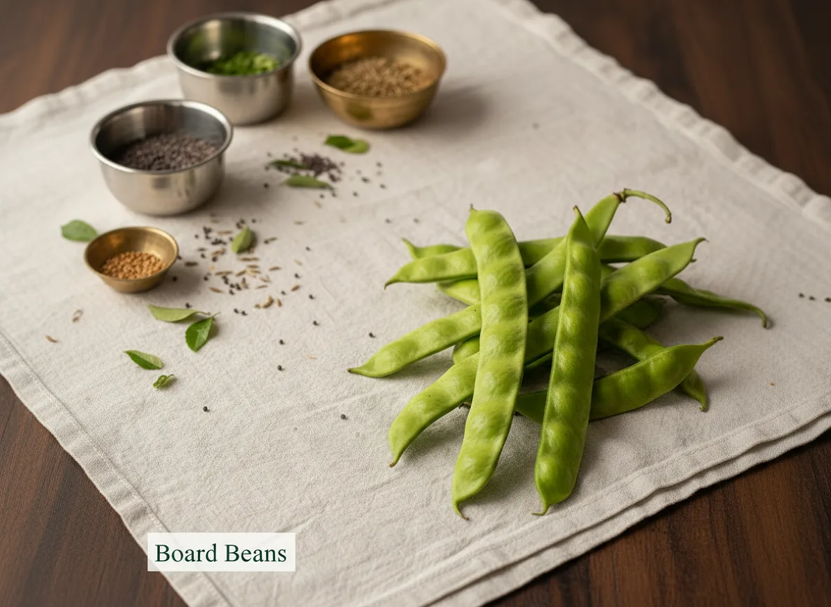 Fresh board beans (lablab beans) with light green pods and visible seeds in a traditional Indian kitchen setting.