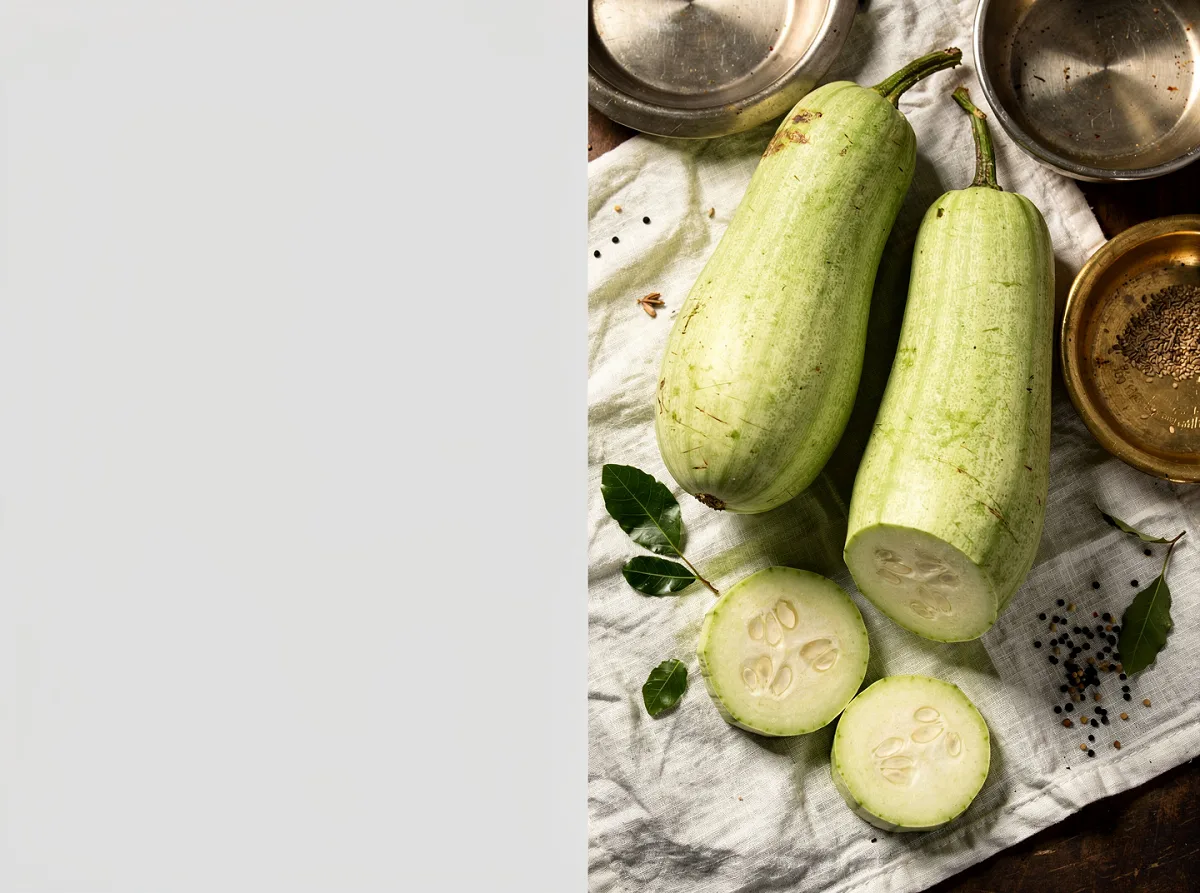 Fresh bottle gourd with pale green skin, elongated cylindrical shape, whole vegetable on white background.