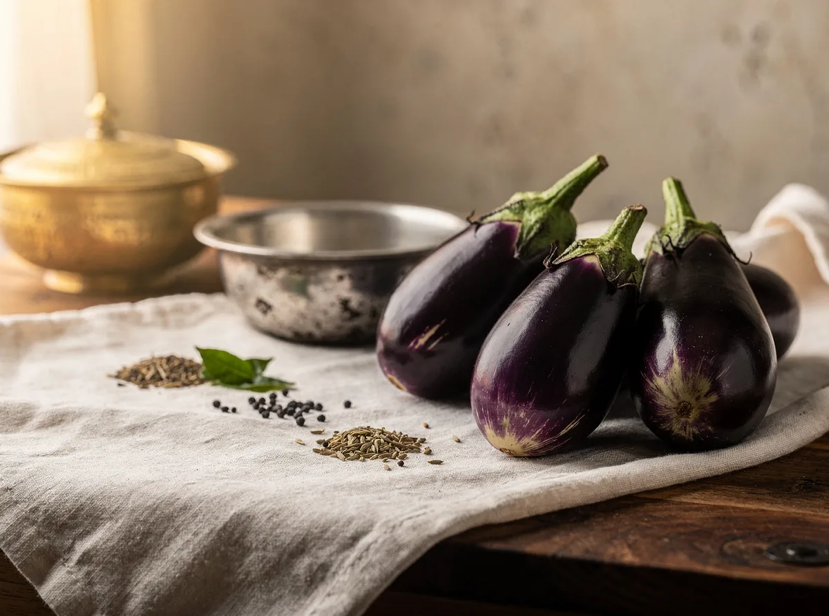 Fresh dark purple brinjal with smooth glossy skin and green stem, whole vegetable on white background.