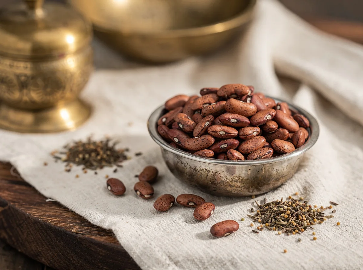 Dried brown rajmah beans, kidney-shaped legumes with deep brown-red color, scattered on a white surface.