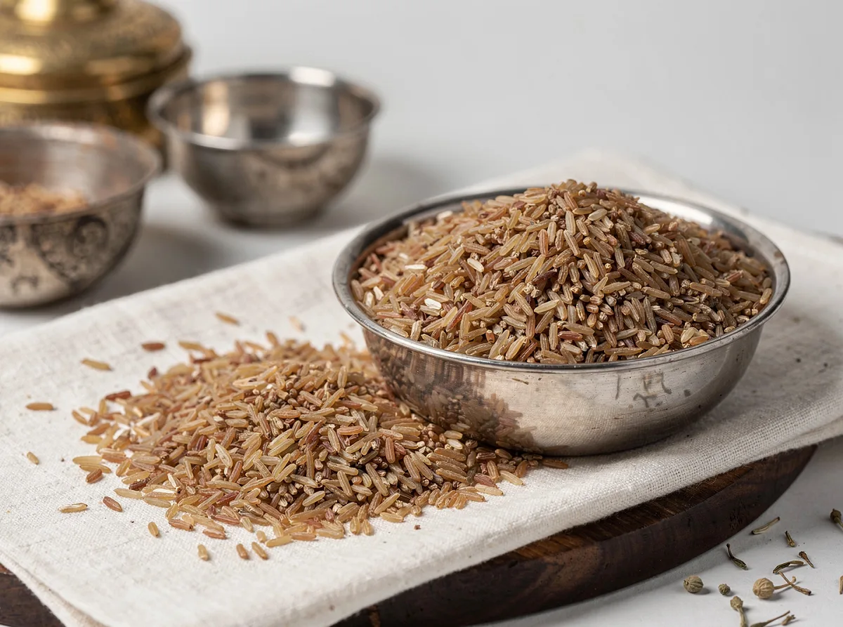 Close-up of brown rice grains showing whole grain texture with bran layer intact, light tan colour.
