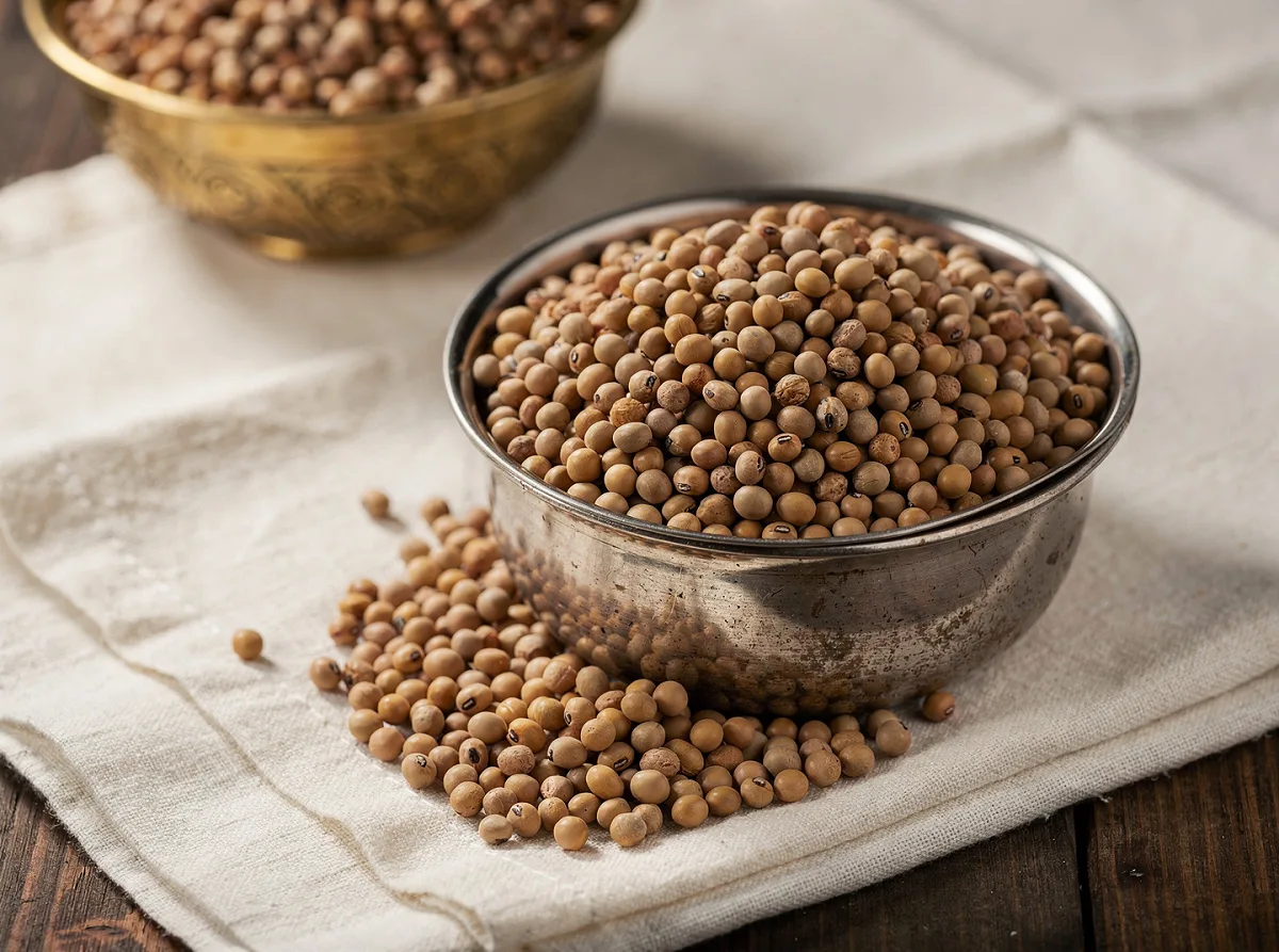 Brown soya beans, whole dried legumes in close-up view
