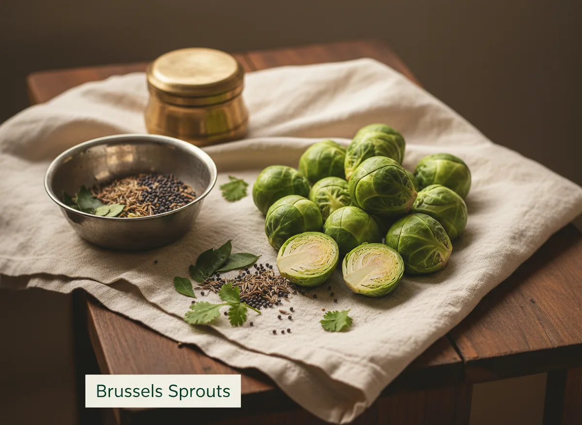 Fresh dark green Brussels sprouts with tightly layered leaves, whole and halved, on a light background.