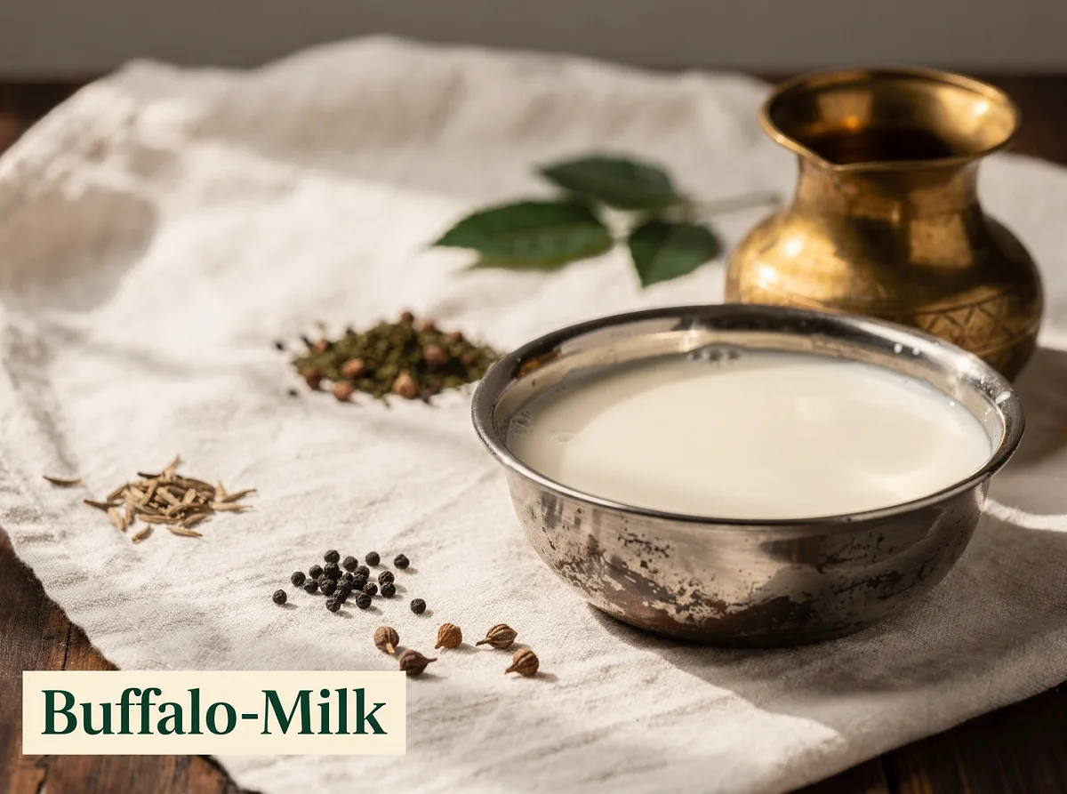 Glass of fresh white buffalo milk with creamy texture, placed on a wooden surface
