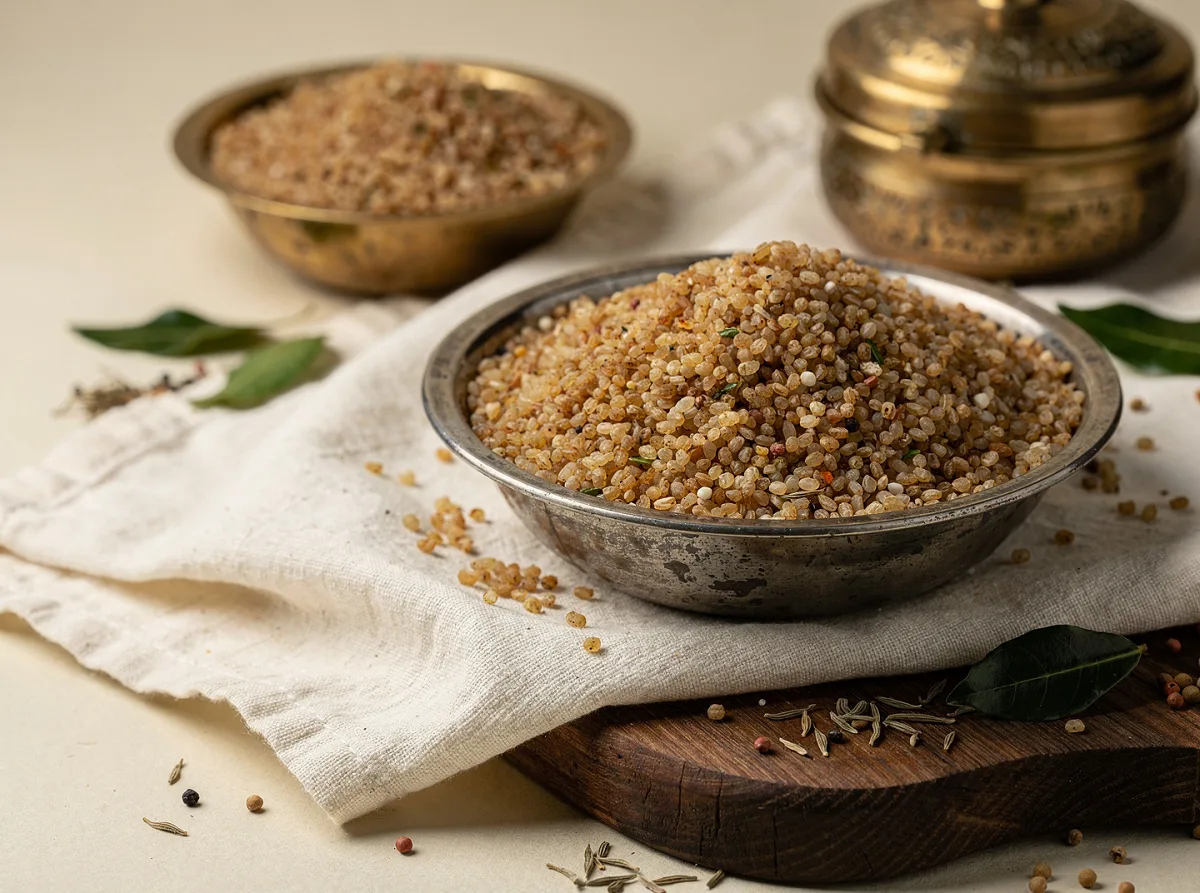Close-up of light brown bulgur wheat grains in a white bowl, showing coarse texture and uniform granules.