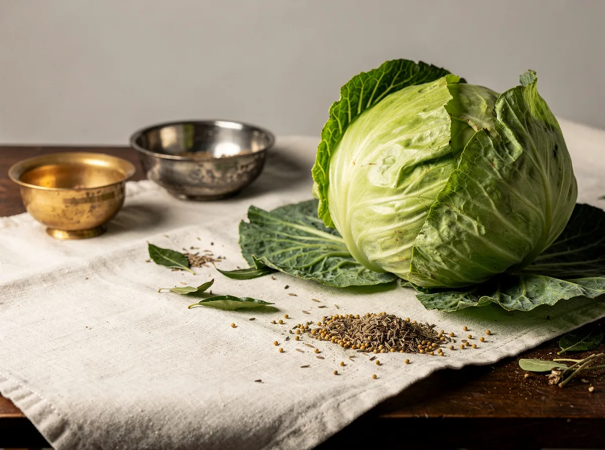 Fresh green and white cabbage head with tightly layered leaves, whole and uncut.