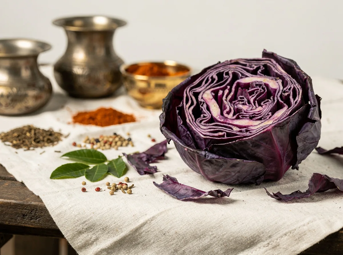 Fresh purple cabbage head with tightly layered deep violet-red leaves, whole and uncut.