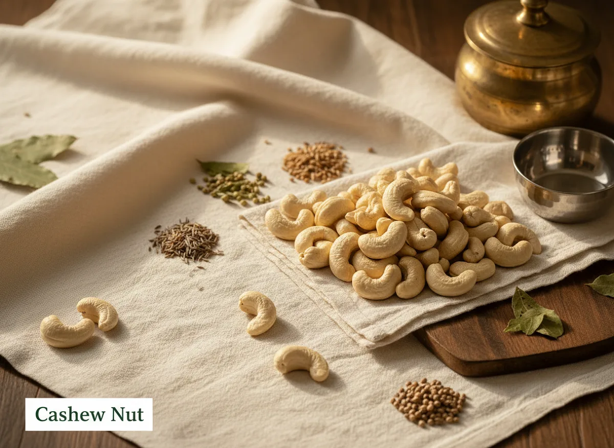 Whole cashew nuts, cream-colored kidney-shaped kernels on white background