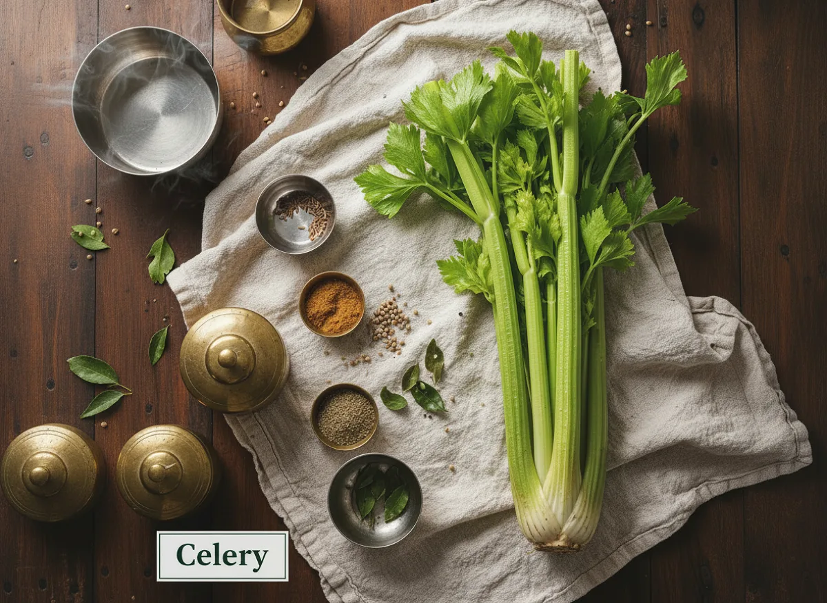 Fresh celery bunch with pale green crisp stalks and feathery green leaves