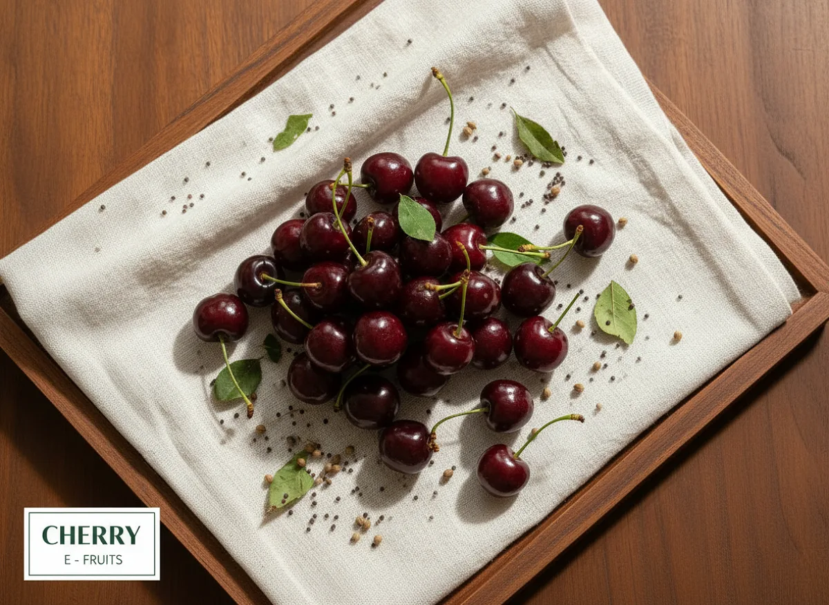 Fresh dark red and black cherries with stems, whole and ripe, on a white background.