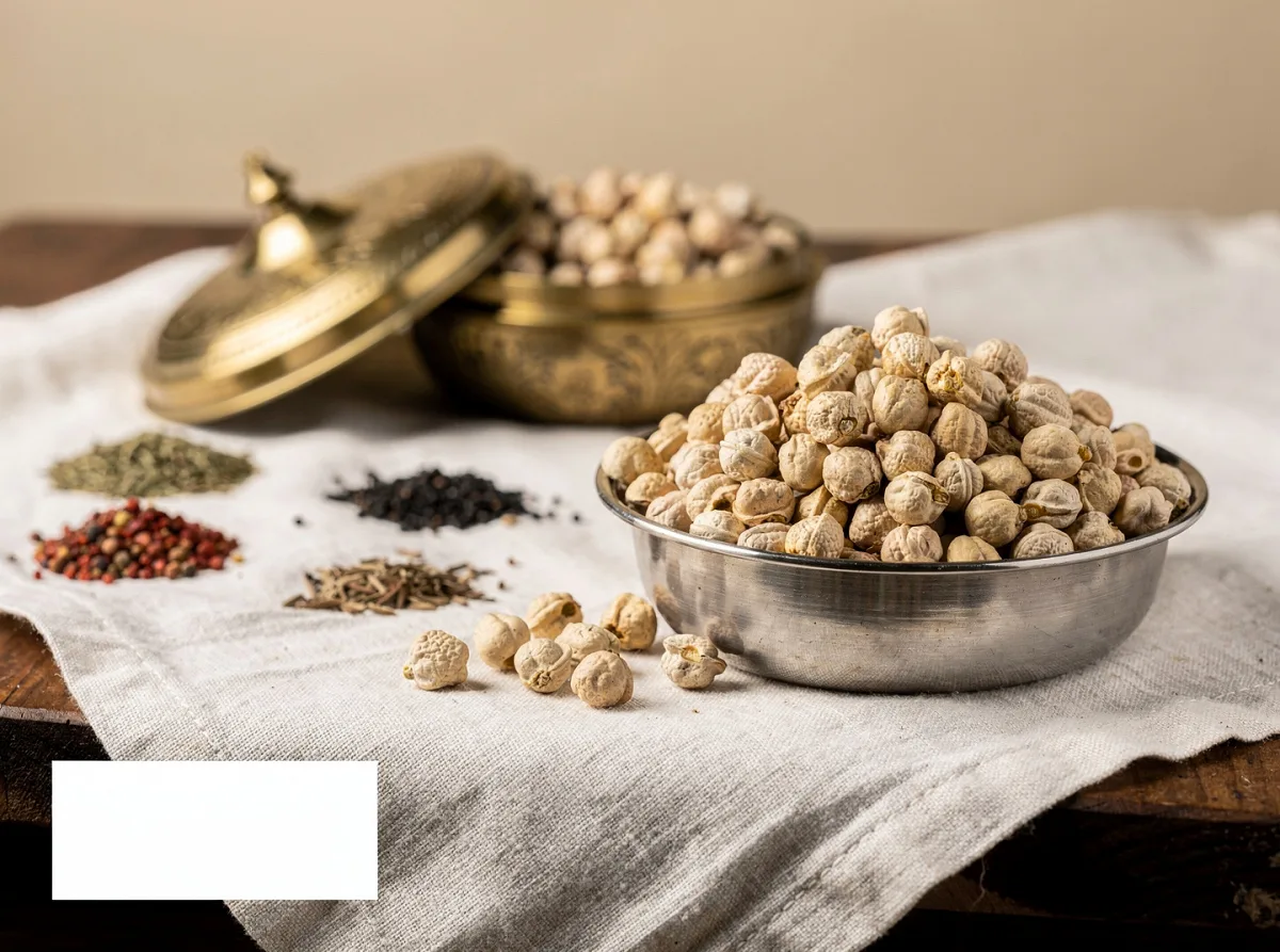 Dried chickpeas in cream and light brown color, whole round legumes in a bowl