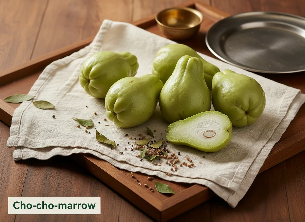 Fresh cho-cho vegetable with pale green skin, pear-shaped, whole and sliced pieces on a wooden board.