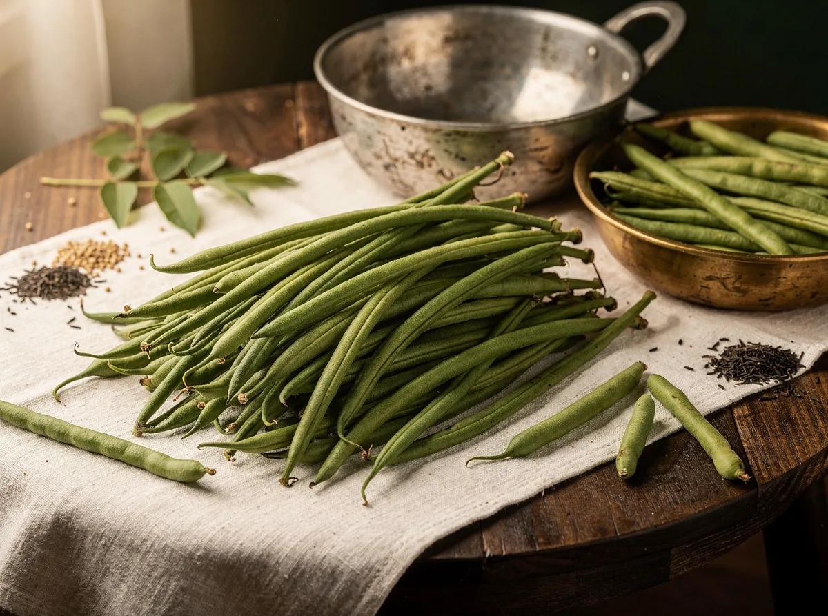 Fresh green cluster beans with tender pods and visible seeds, ready to cook.