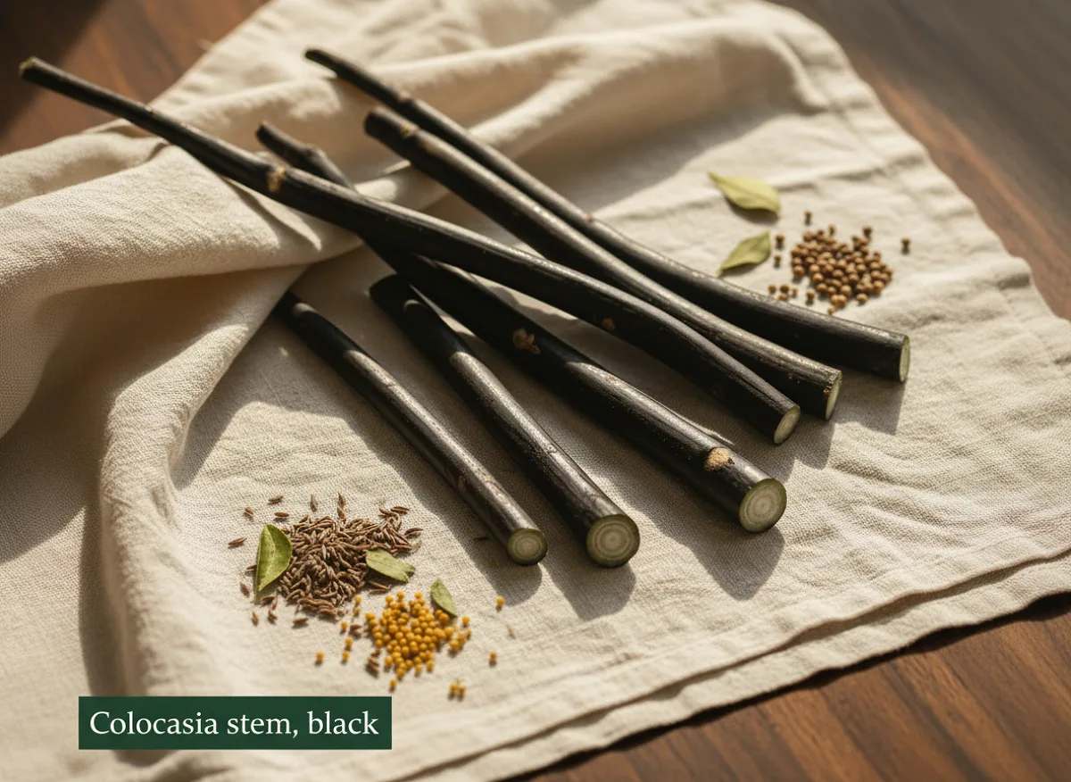 Fresh dark green colocasia stems, hollow and segmented, ready for cooking.