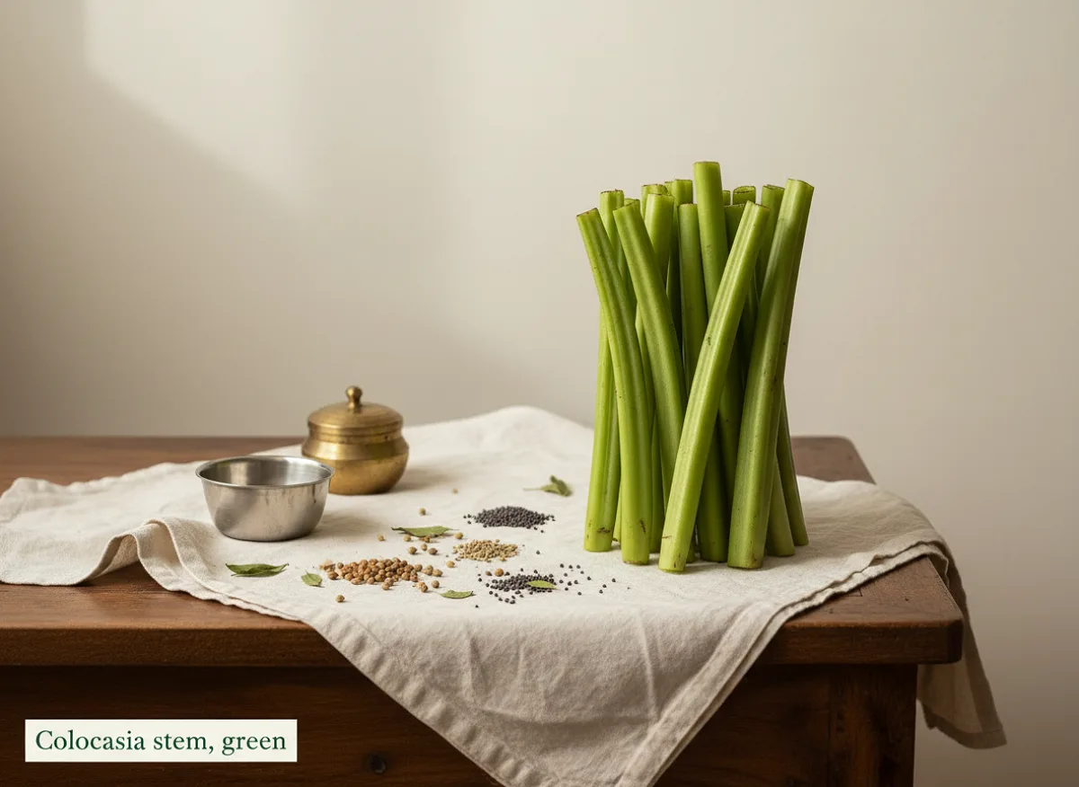 Fresh green colocasia leaves and tender stems with petioles, ready for cooking