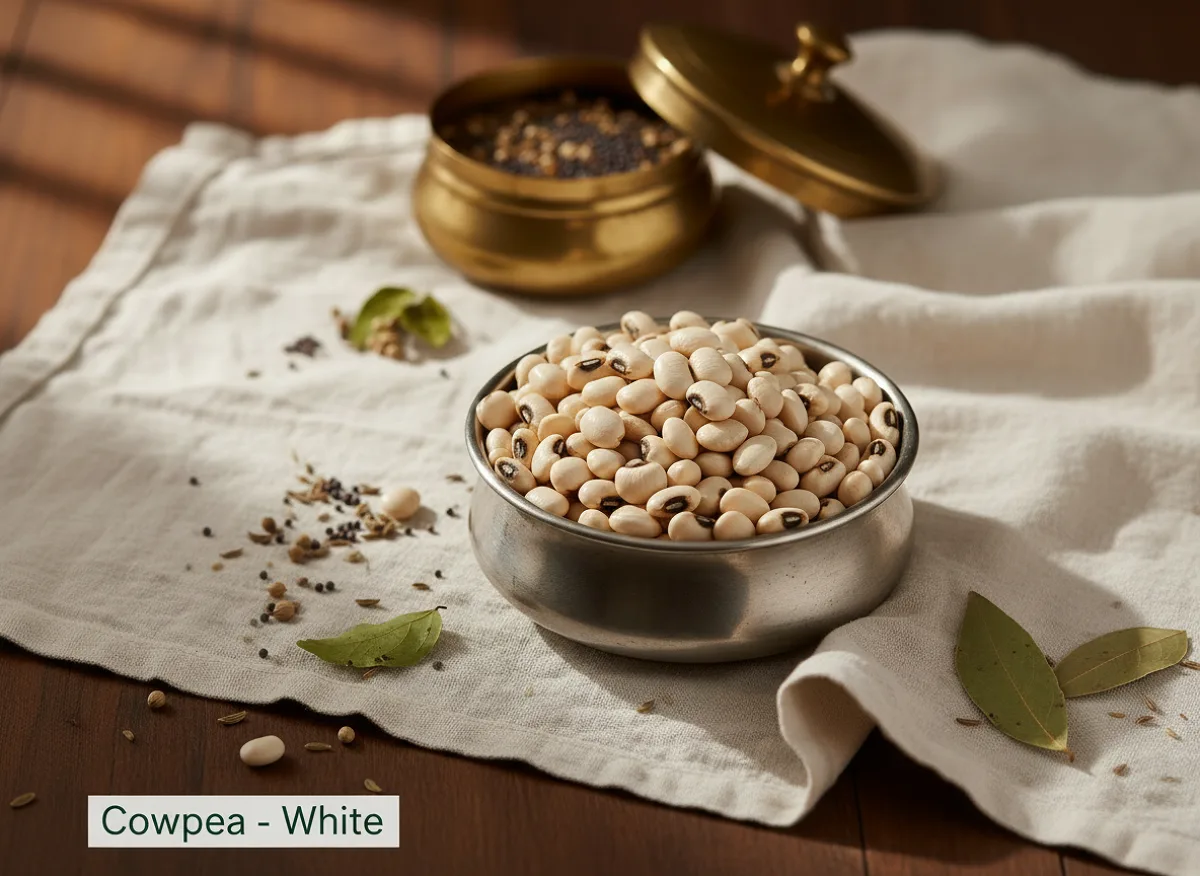 Dried white cowpeas (lobia) in a white bowl, showing small round white legumes with characteristic black eye marking.