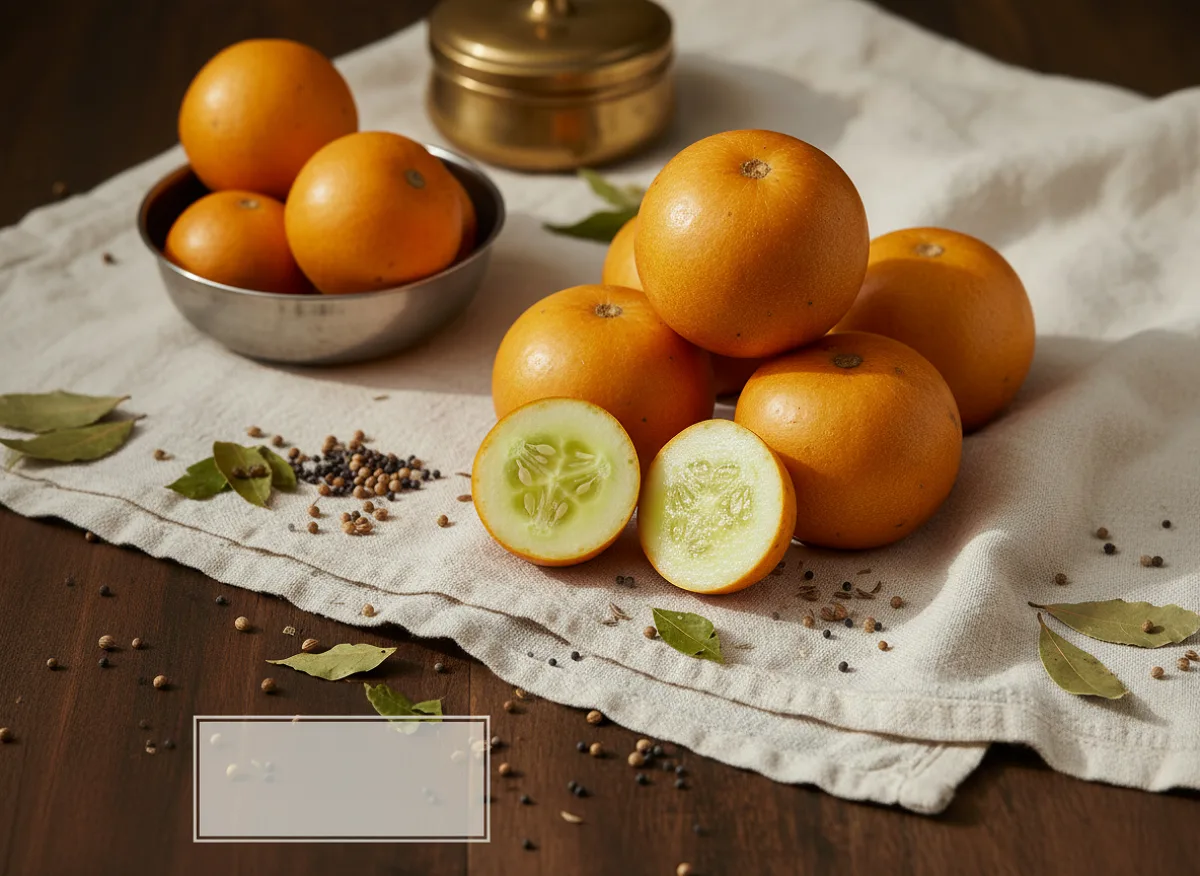 Fresh orange cucumber, round and pale yellow-orange, whole and sliced on a white surface