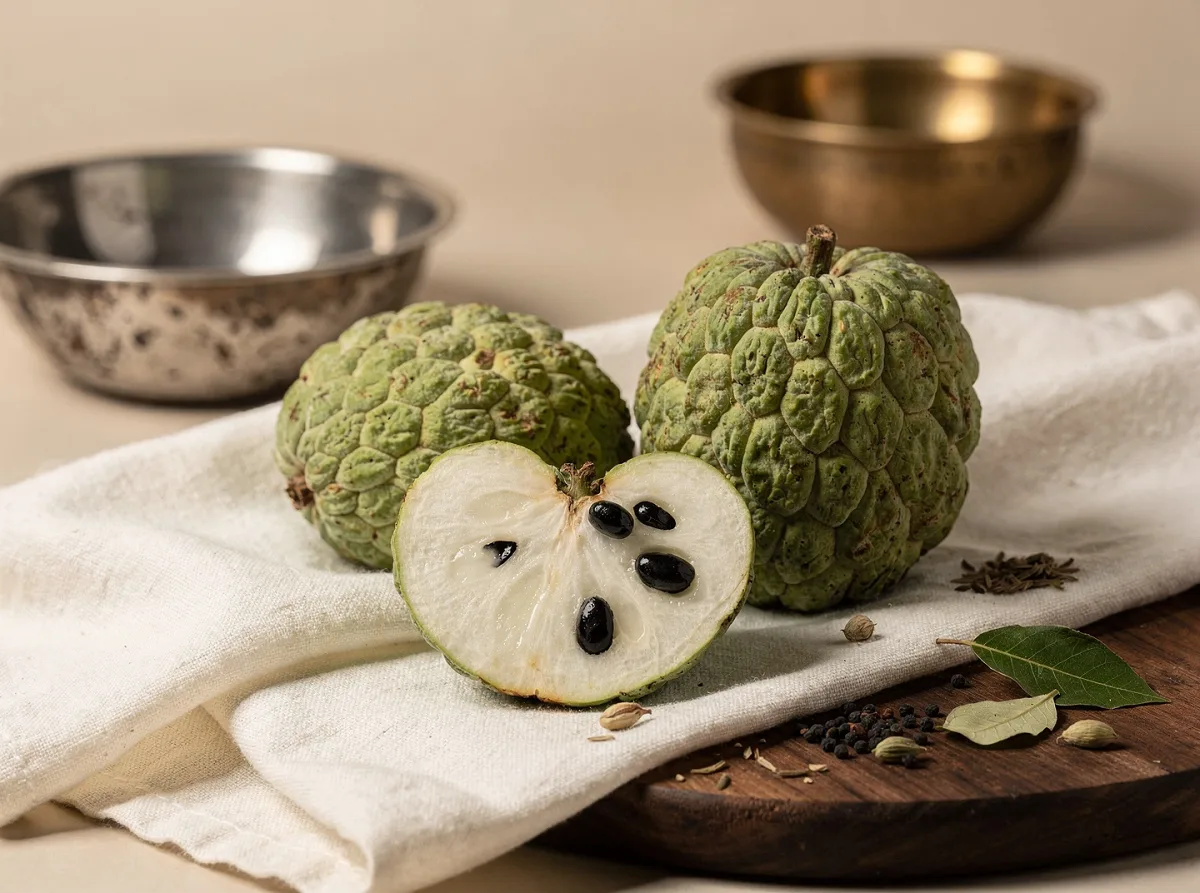 Fresh custard apple with green bumpy skin, whole and halved showing creamy white flesh and black seeds