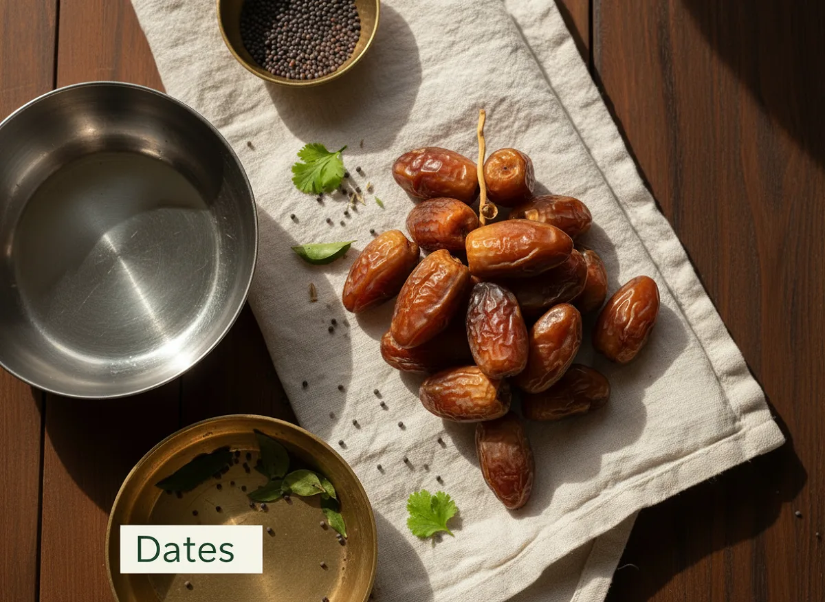 Close-up of dried dates showing dark brown wrinkled skin and soft texture