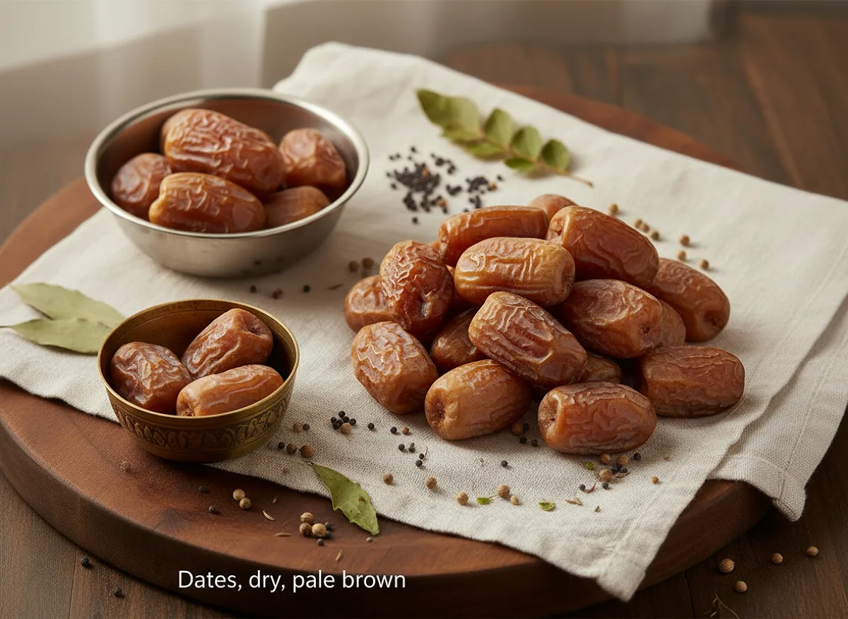 Dried dates, dark brown wrinkled whole fruits with soft texture, close-up view