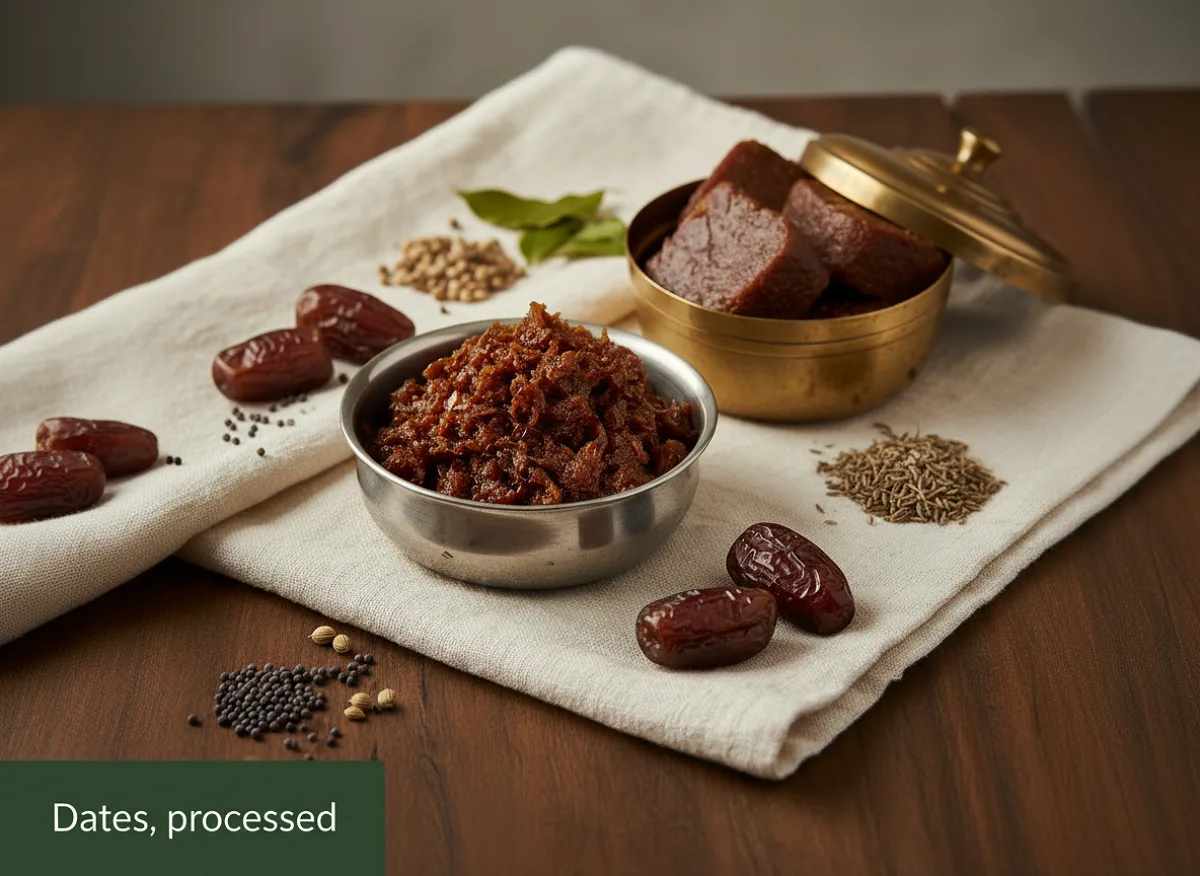 Close-up of dark brown, soft dried dates, some pitted and whole, arranged on a light surface.