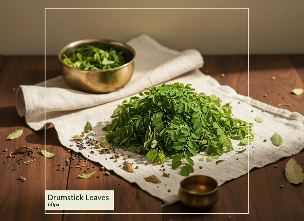 Fresh green drumstick leaves in tender bunches, ready for cooking.