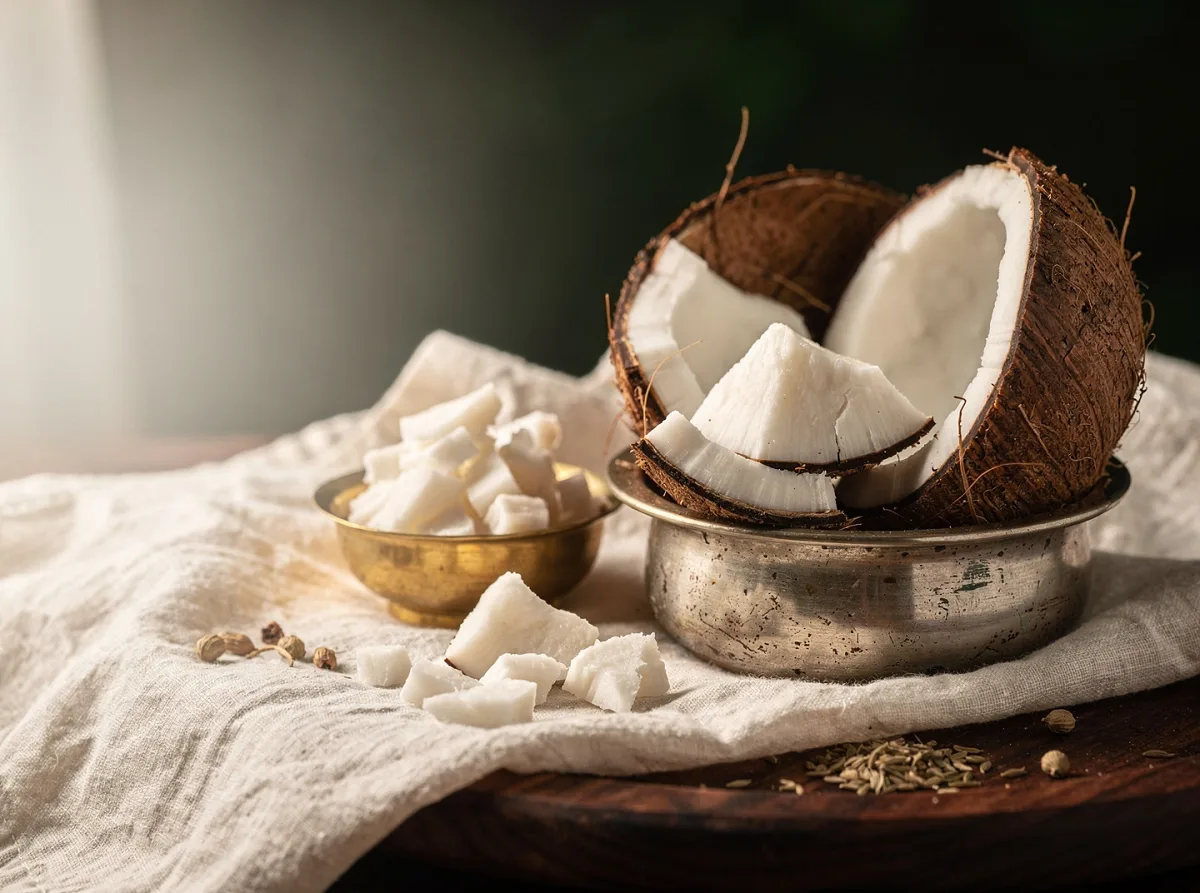 Dried white coconut shreds and whole coconut pieces on a wooden surface