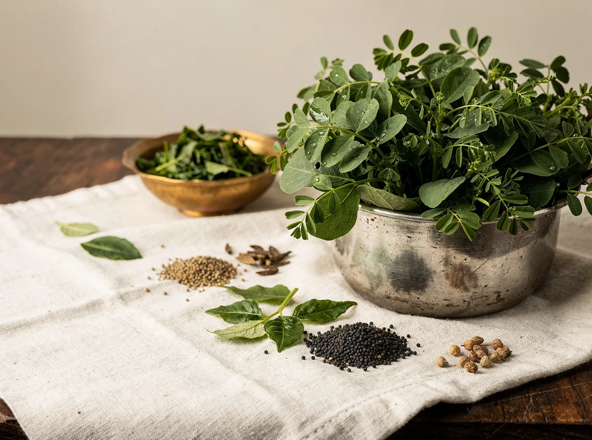 Fresh fenugreek leaves with tender green leaflets on thin stems, ready for cooking.