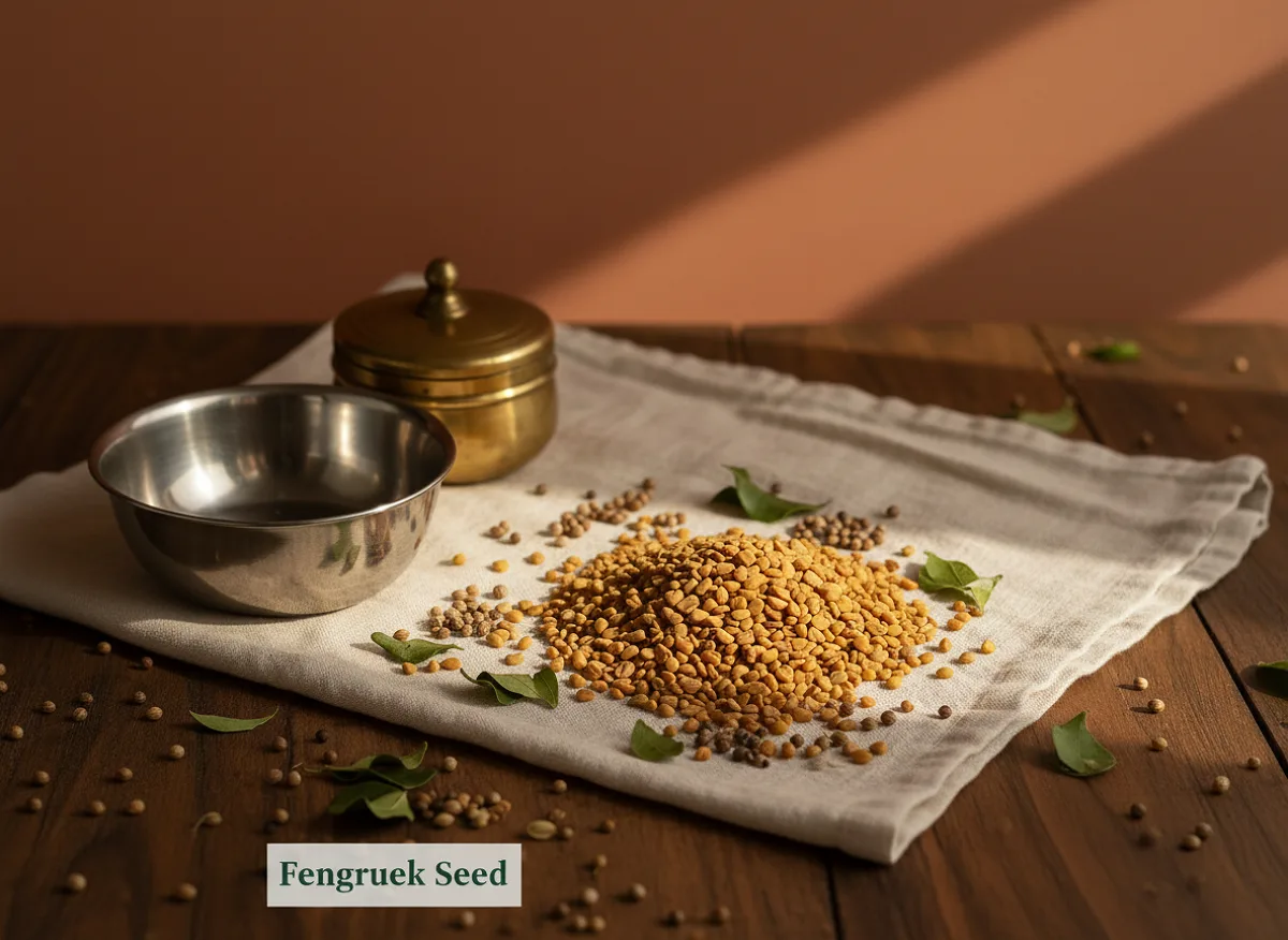 Close-up of dried golden-brown fenugreek seeds in a white bowl