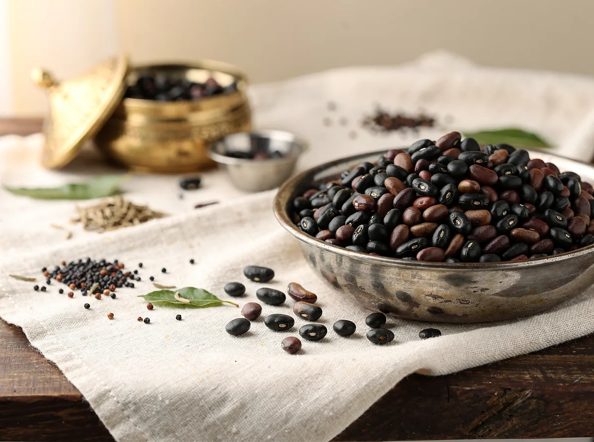 Dried black field beans, whole and uncooked, in a white bowl