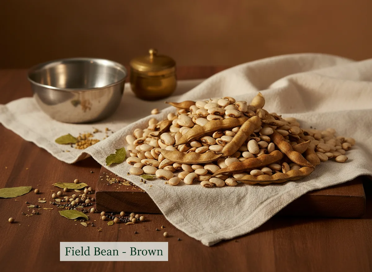 Dried brown field beans (sem) in a pile, showing flat, dark brown legumes with natural texture.