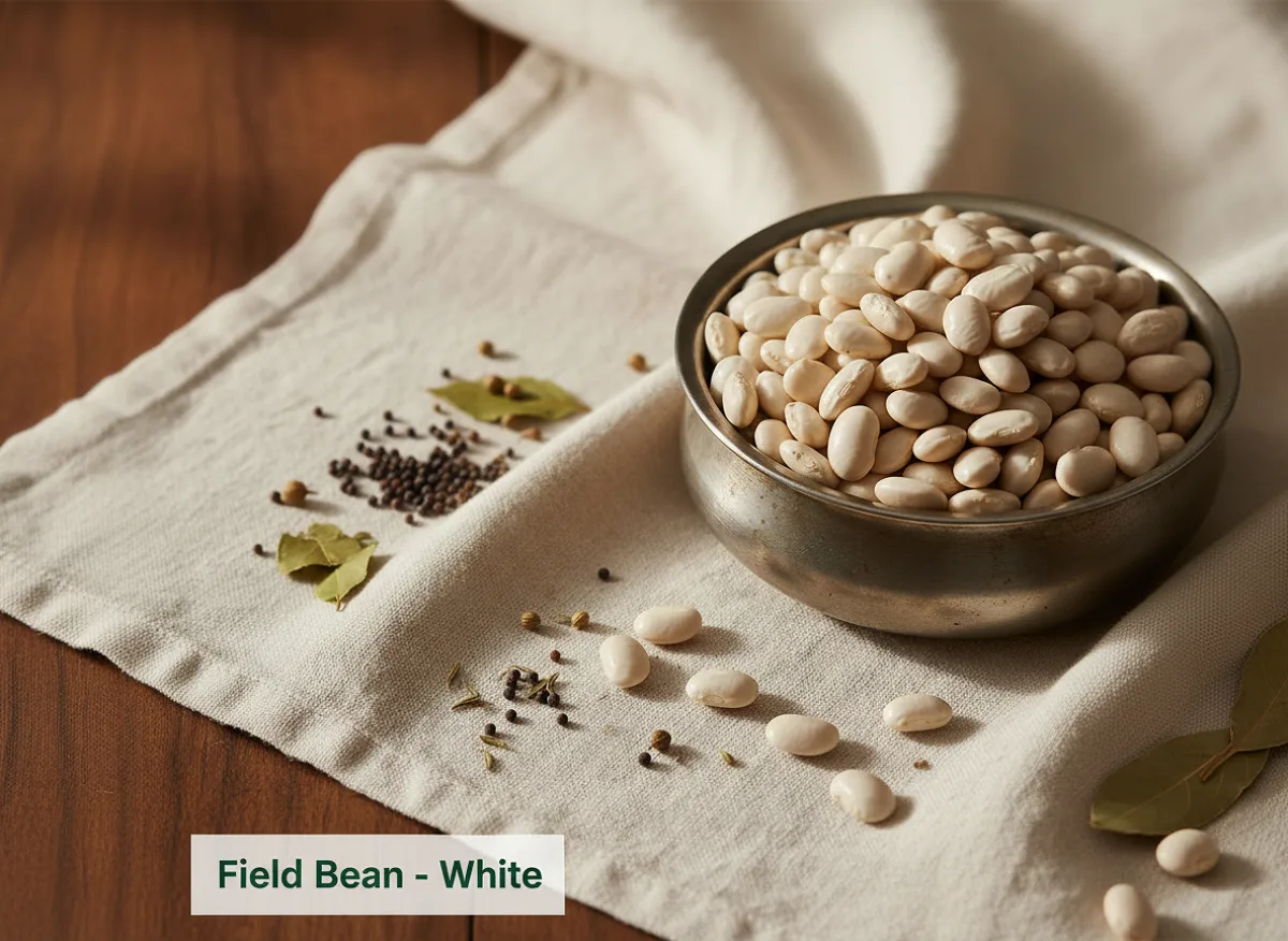 Close-up of dried white field beans in a white bowl, showing small round white legumes.