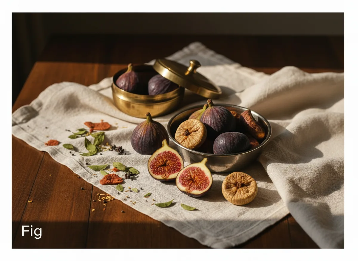 Close-up of dried figs showing wrinkled golden-brown skin and soft interior with visible seeds