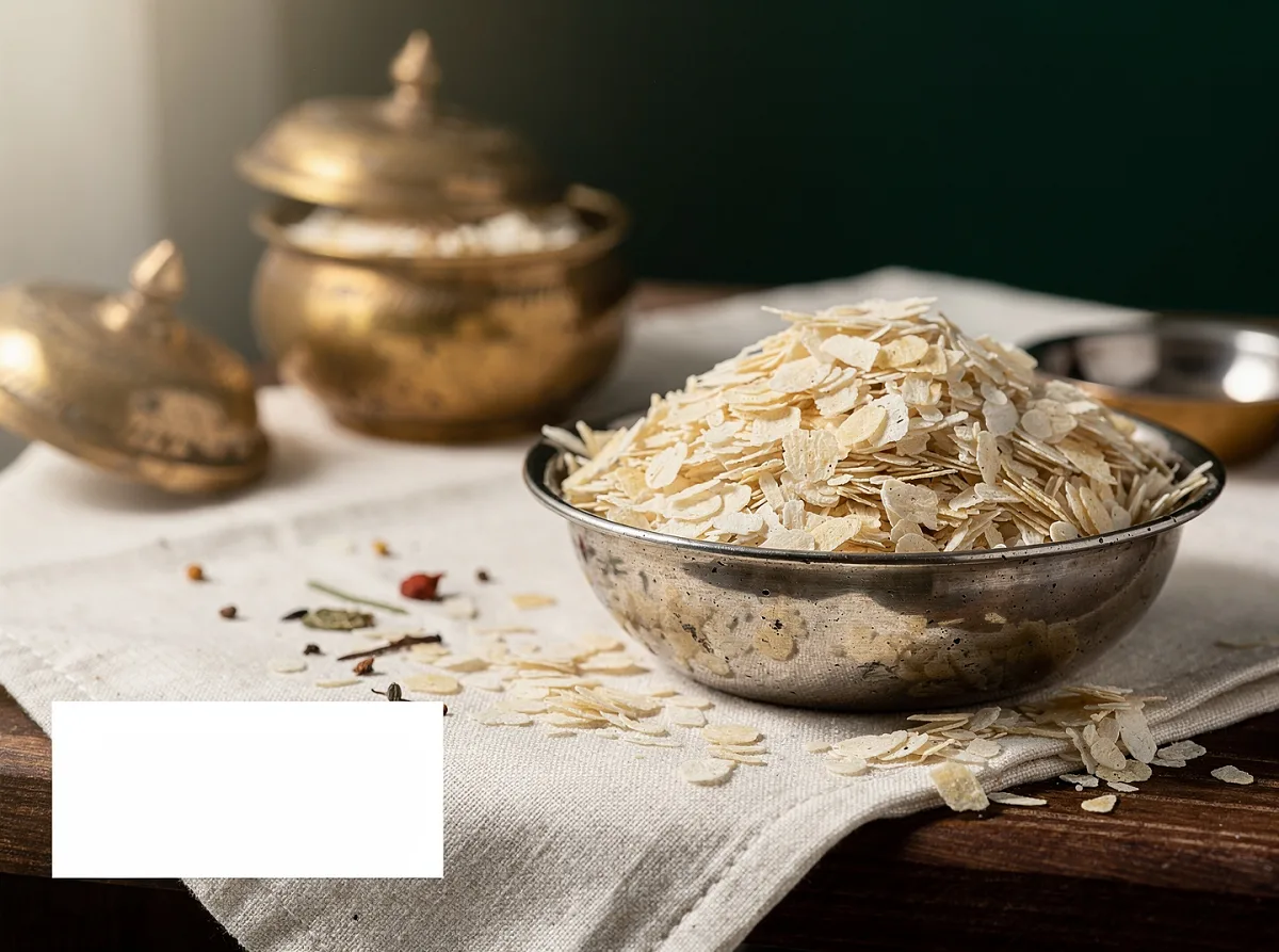 Flattened rice (poha) - light golden, thin, crispy flakes in a white bowl
