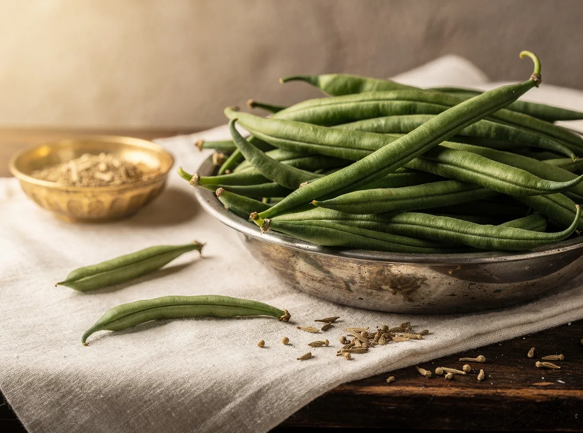Fresh bright green French beans, whole and sliced, on a white background.
