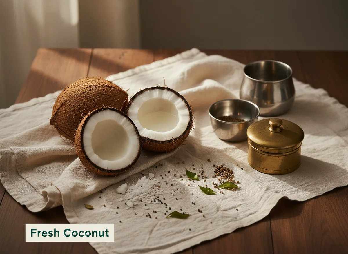 Whole fresh coconut with brown fibrous husk and white flesh visible inside, next to grated coconut