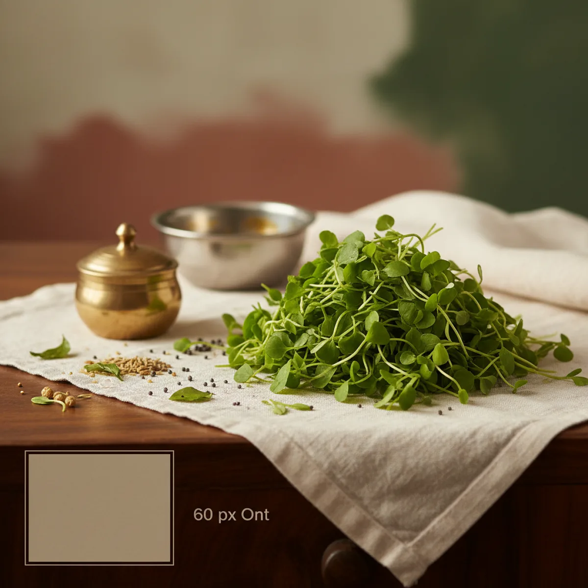 Fresh garden cress leaves with small, round green foliage and tender stems on white background.