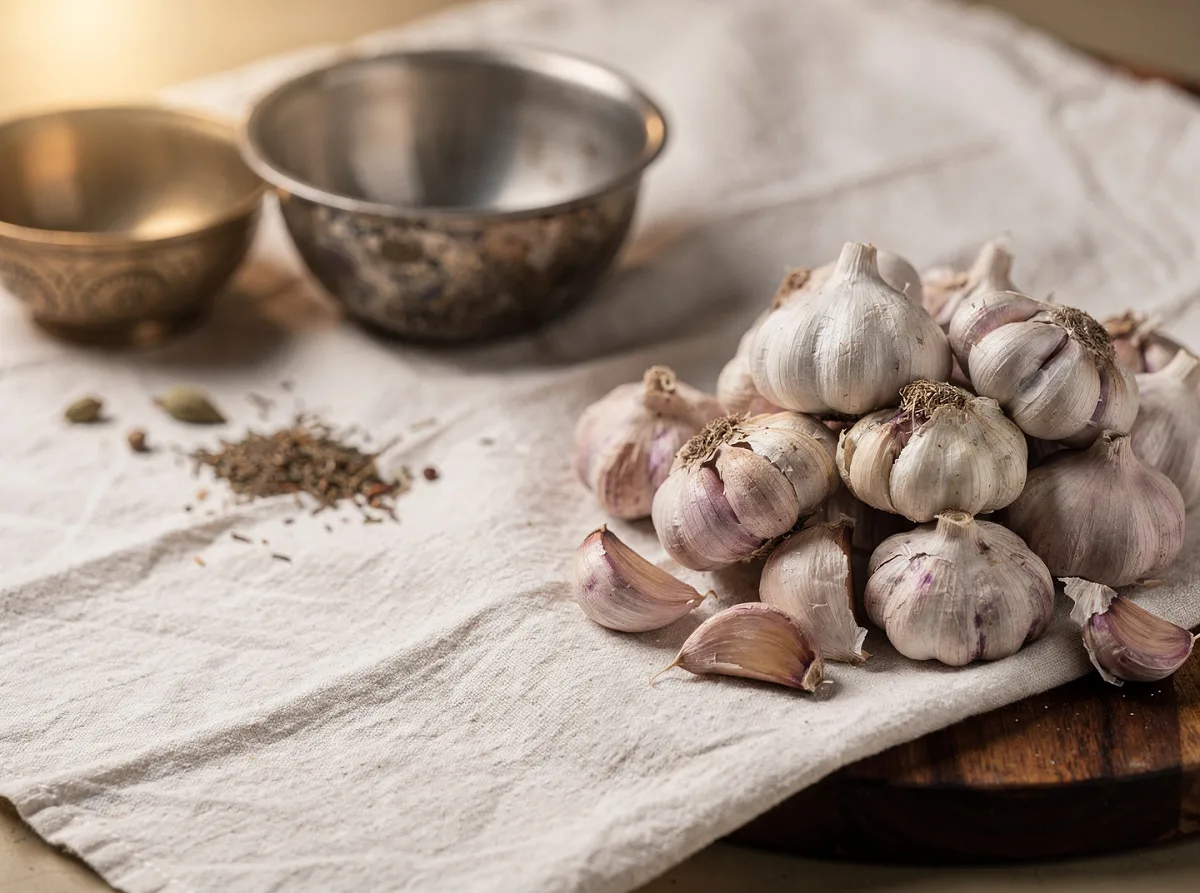 Fresh Kashmiri garlic bulbs with white cloves, whole and unpeeled, on a neutral background.
