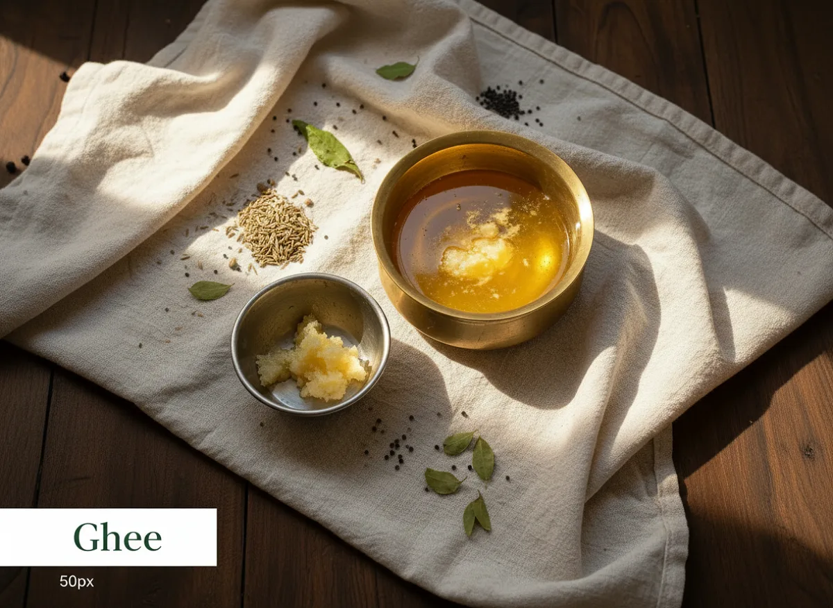 Golden clarified butter (ghee) in a glass jar, showing its rich amber color and smooth texture.