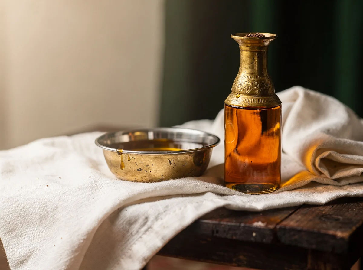 Bottle of golden-brown sesame oil (gingelly oil) with visible oil inside, used in Indian cooking.