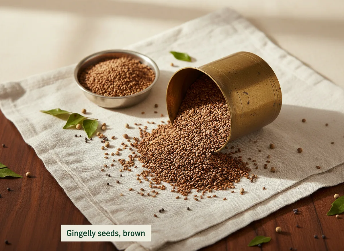 Brown sesame seeds (til) in a small white bowl, whole and uncooked.
