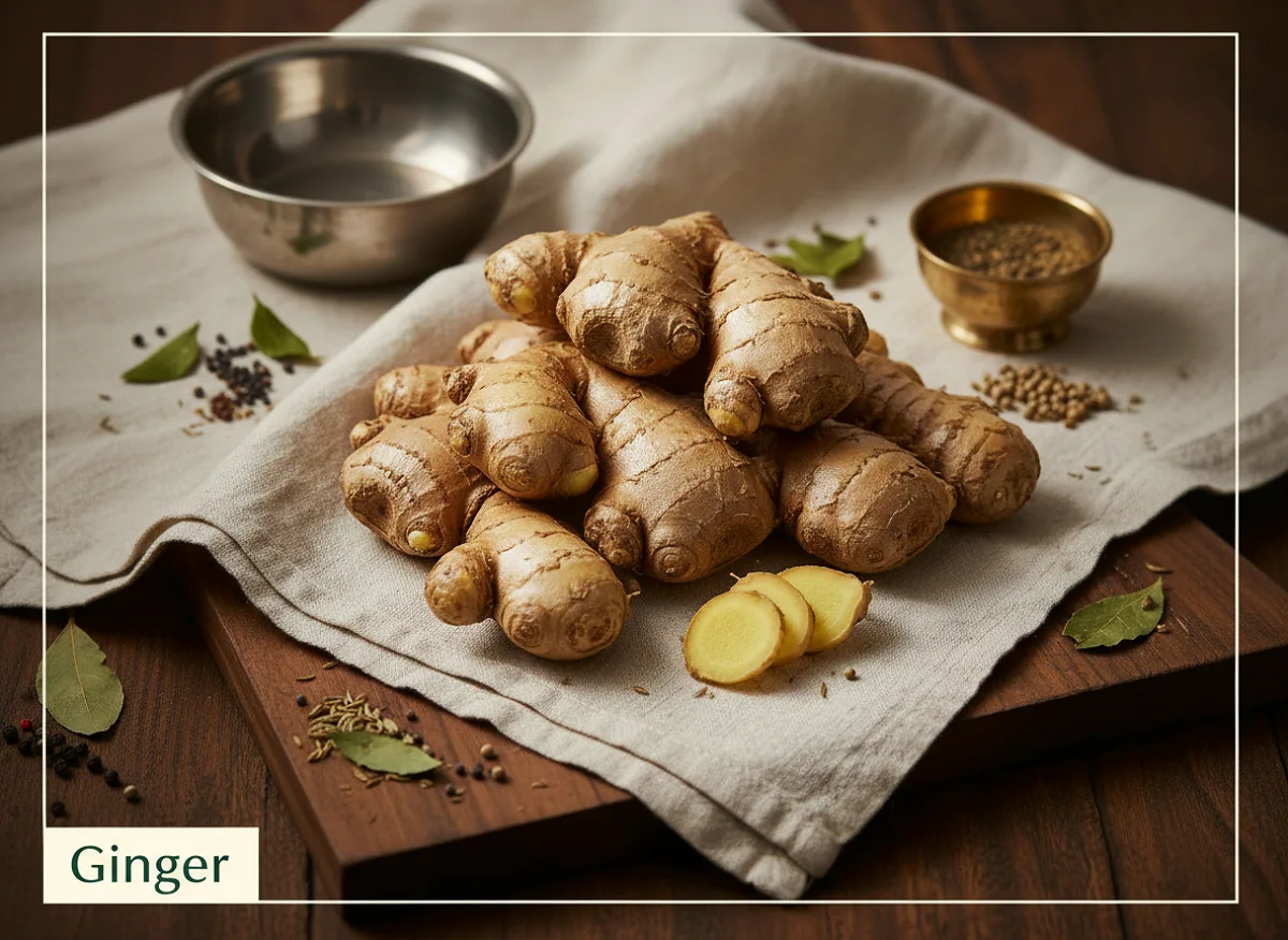 Fresh ginger root with light brown skin and white interior, whole and sliced pieces on a wooden surface.
