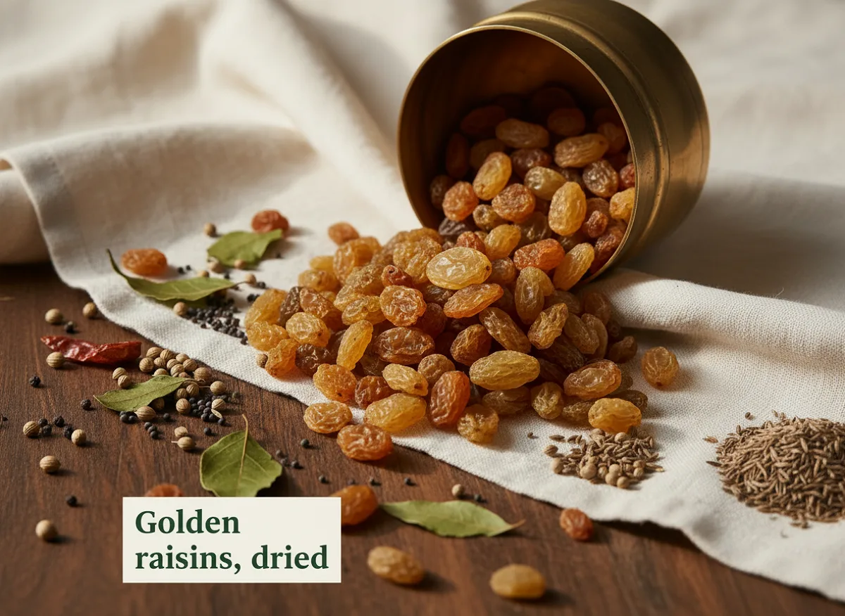 Golden raisins, plump and light amber-coloured dried grapes in a pile